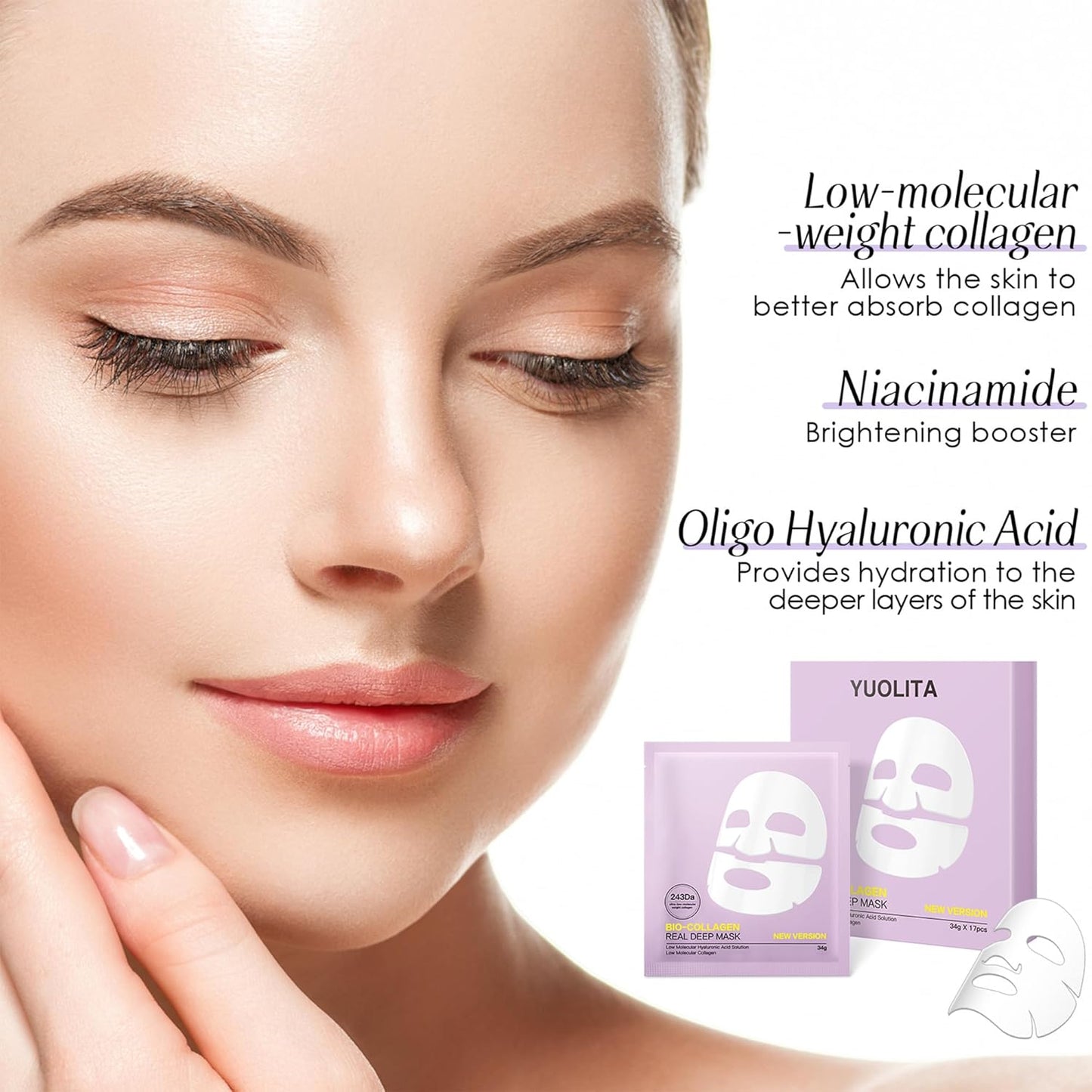Deep Collagen Hydrogel Facial Mask for Radiant Skin - Hydrating Overnight Treatment with Low Molecular Weight Collagen for Lifting, Firming, and Moisturizing