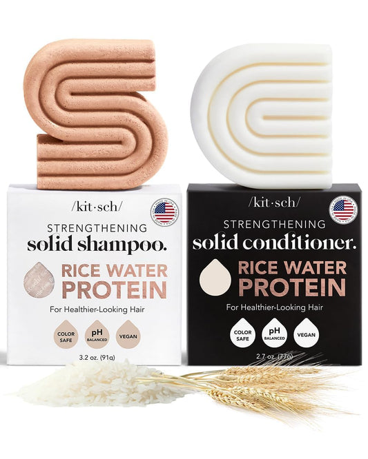 Rice Water Shampoo & Conditioner Set – Solid Shampoo & Conditioner Bar with Protein for Hair Growth, Strengthening Hair & Damage Repair – Paraben, Sulfate & Silicone Free – 2 Pack