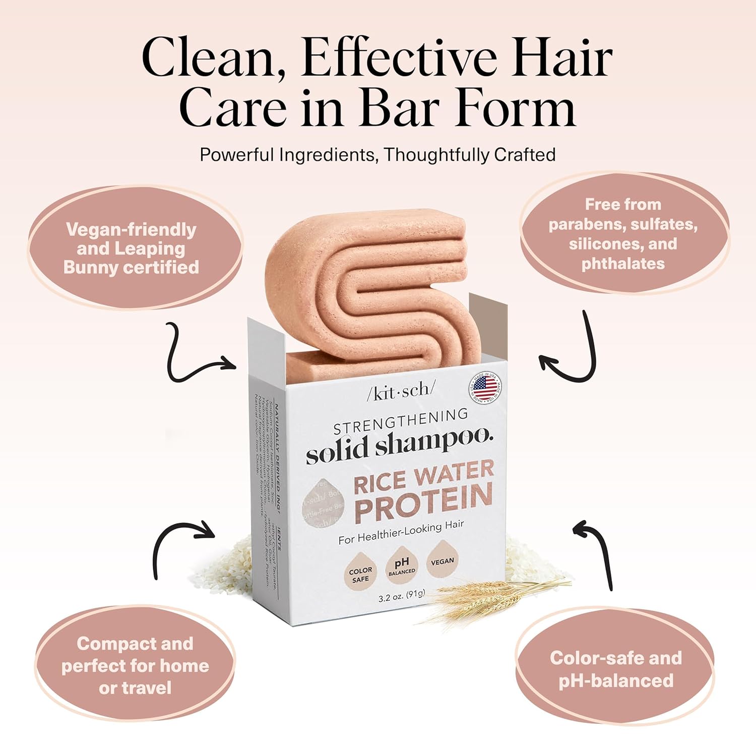 Rice Water Shampoo Bar – Dry Hair Shampoo & Soap Bar for Hair Care & Hair Growth – Women and Mens Shampoo – Strengthens Damaged Hair – Vegan, Paraben, Silicone & Sulfate-Free – 3.2 Oz