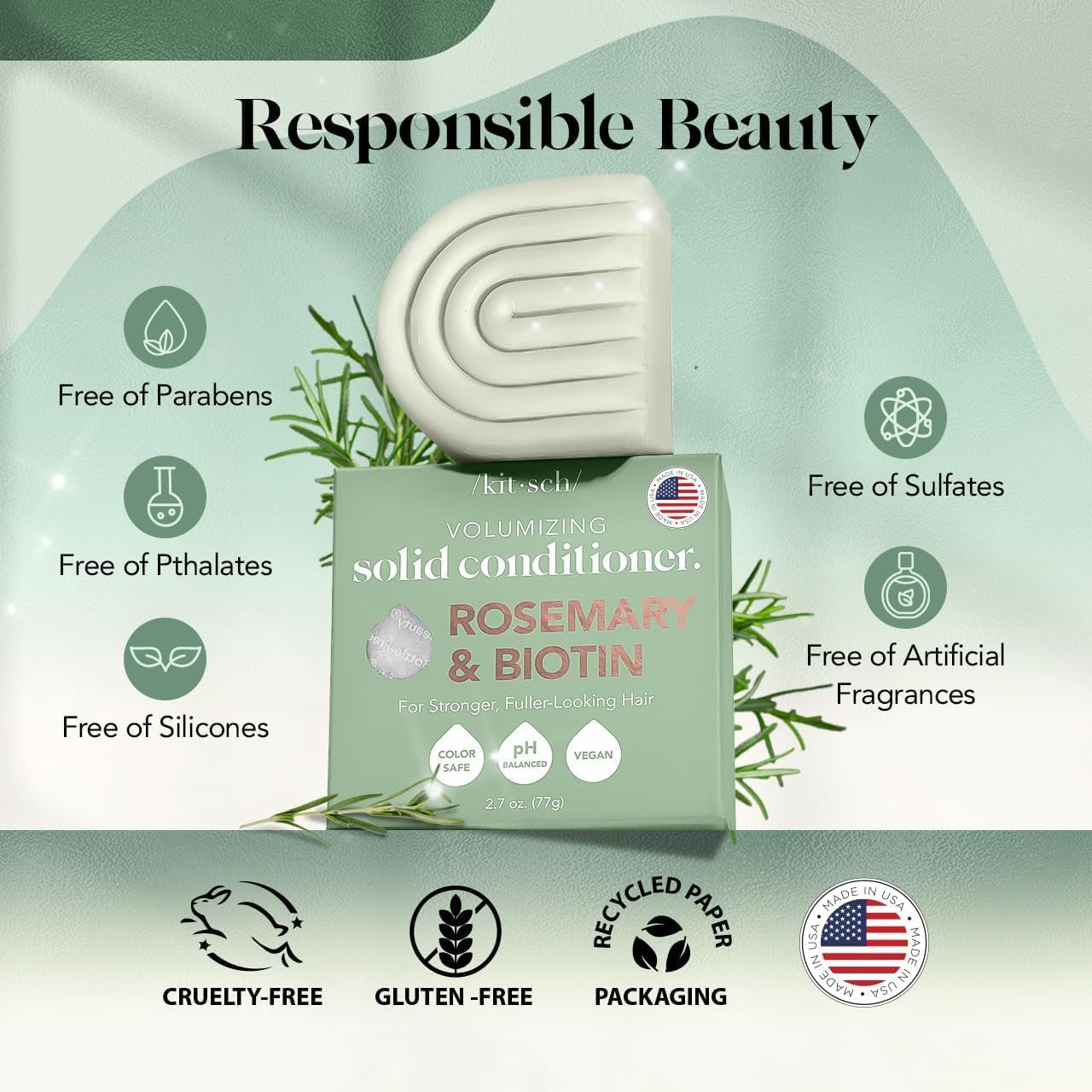 Rosemary & Biotin Volumizing Hair Conditioner Bar for Hair Growth & Thickening – Hydrating & Cleansing Hair Conditioner for Women & Men - Paraben, Silicone & Sulfate Free - Made in USA - 2.7 Oz