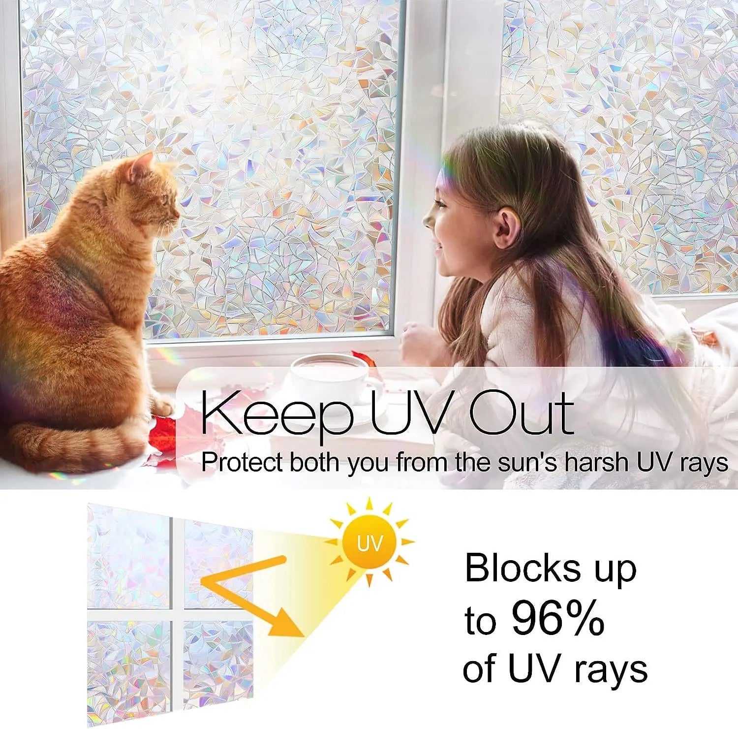 Window Privacy Film, Rainbow Window Clings, 3D Decorative Window Vinyl, Stained Glass Window Decals, Static Cling Window Sticker