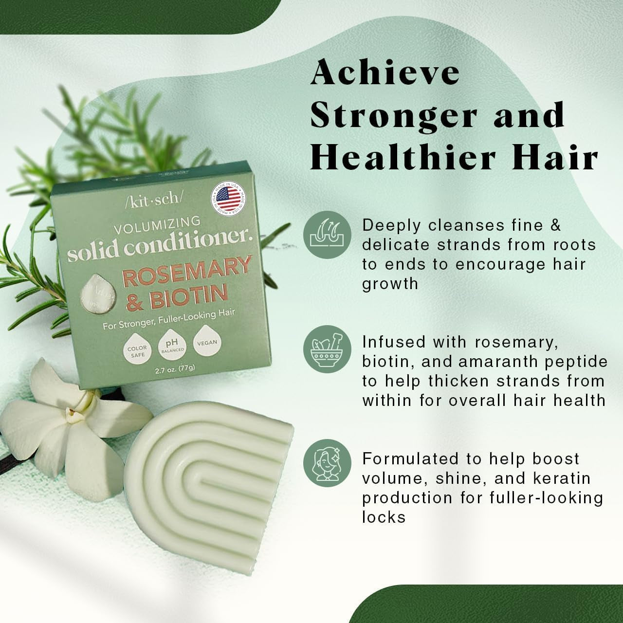 Rosemary & Biotin Volumizing Hair Conditioner Bar for Hair Growth & Thickening – Hydrating & Cleansing Hair Conditioner for Women & Men - Paraben, Silicone & Sulfate Free - Made in USA - 2.7 Oz